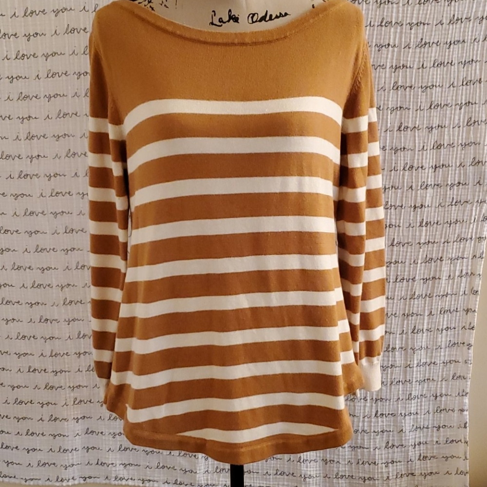 Medium Tan and white striped Boat Neck Sweater